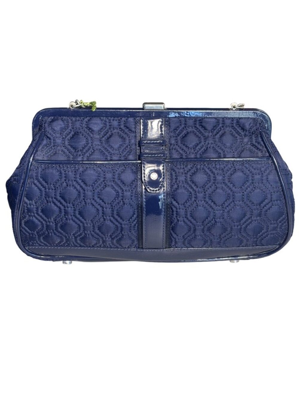 Vera Bradley Quilted Navy Blue Chain Strap Clutch Patent Trim & Striped Interior